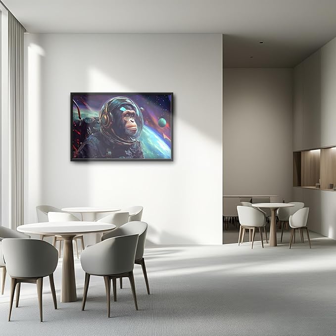 Framed Large Monkey Astronaut Wall Art, Oversized Chimpanzee Spacemen Wall Decor for Living Room, Outer Space Canvas Painting Pictures Modern Artwork for Living Room Bedroom Office 36"x24"-PurrikoPets