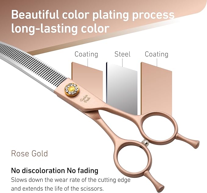 Fenice Peak Professional Curved Thinner Dog Grooming Scissors 7.0'' Rose Gold Thinning Shears Extremely Sharp Blades 440C Stainless Steel Thinning Shears Durable Smooth Fine Cut for Dogs and Cats.-PurrikoPets