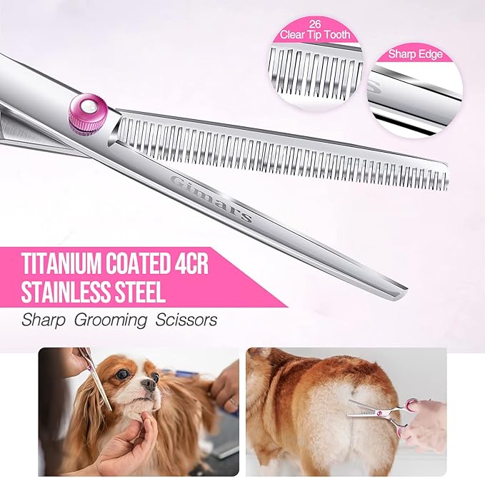 Gimars Dog Grooming Scissors Kit Professional 4CR with Safety Round Tip, 5 in 1 Heavy Duty Titanium Coated Thinning & Curved & Straight Shears-PurrikoPets