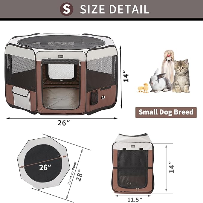 DONORO Dog Playpen Portable Pet Play Pens for Small Dog/Cat/Rabbit/Chicks, Cat Playpen Indoor/Outdoor with Carring Case, Removable Zipper Top and Bottom (Brown, Small (28"x28"x14"), 8)-PurrikoPets