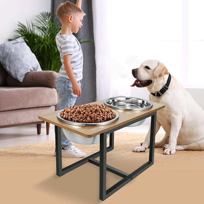 Elevated Dog Bowls for Large Dogs, Raised Dog Bowl Stand with Two X-Large Stainless Steel Bowls for Dogs, 3.5L Capacity, Rustic Walnut-PurrikoPets
