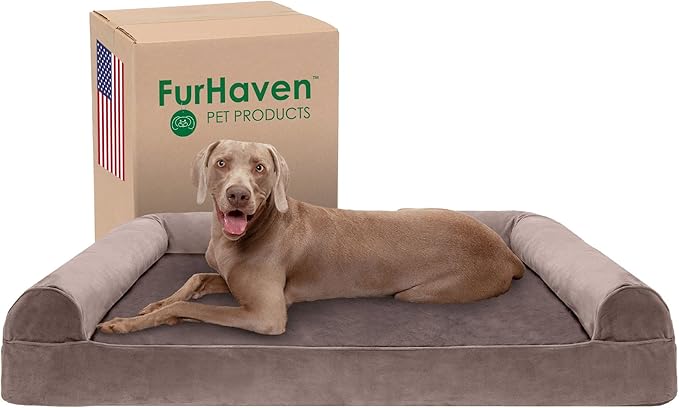 Furhaven Cooling Gel Dog Bed for Large Dogs w/ Removable Bolsters & Washable Cover, For Dogs Up to 125 lbs - Faux Fur & Velvet Sofa - Driftwood Brown, Jumbo Plus/XXL-PurrikoPets