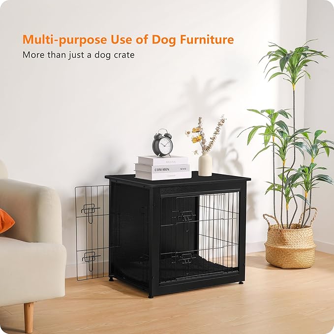 DWANTON Dog Crate Furniture with Cushion, Wooden Kennel Table with Double Doors, Indoor Dog House, Small/Medium/Large Size, 27.2" L, Black-PurrikoPets