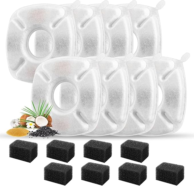 16 Pcs Cat Fountain Replacement Filters 8 Pack Cat Water Fountain Replacement Filters with 8 Pack Pre-Filter Sponges, Pet Fountain Filter Fit for 95oz/2.8L Automatic Pet Fountain Cat Water Fountain-PurrikoPets