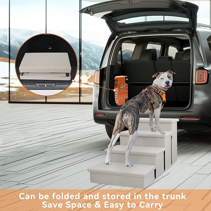 Dog Stairs with Condo 23" H, 4-Step Wider Folding Storage Pet Stairs Gift for Small/Medium/Large Old Dogs Cats, Dog Steps for High Beds Window, Ramp for Climbing Car Up to 200 lbs, Beige-PurrikoPets
