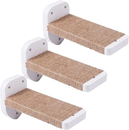 3-in-1 Cat Wall Steps with Hemp Rope, Solid Wood Cat Ladder for Climbing and Playing (Large-White)-PurrikoPets