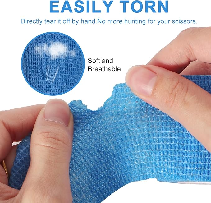 24 Pack Self Adherent Cohesive Wrap Bandages, 2” x 5 Yards Blue Athletic Tape, Medical Tape, Vet Wrap, Elastic Grip Tape for Sports Wrist Ankle Pet Ankle Swelling Sprains-PurrikoPets