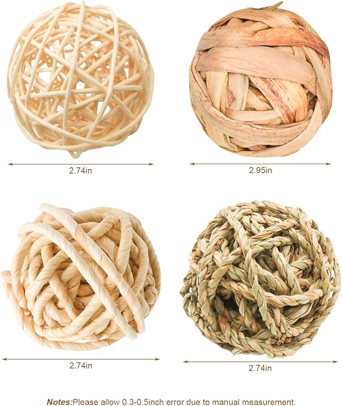 8 Pcs Small Animals Play Balls Rolling Activity Chew Toys Gnawing Treats for Rabbits Guinea Pigs Chinchilla Bunny Natural Balls, Pet Cage Entertainment Accessories (8Pcs)-PurrikoPets