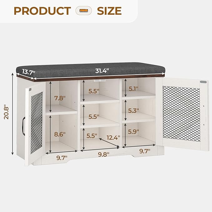 Farmhouse Storage Bench with Cushion, Metal and Wood Shoe Rack Organizer, Adjustable Shelf, Shoe Cabinet with Half Hidden Storage Space, for Entryway, Bedroom, Living Room (Old White, 31.4in)-PurrikoPets