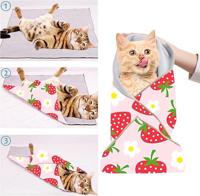 2 Pack Cat Grooming Wrap, L(Within 15lbs) Cat Restraint Wrap for Nail Clipping, Ear Cleaning, and Teeth Brushing, Self-Adherent, Anti-Bite, Anti-Scratch, Pink Strawberry-PurrikoPets