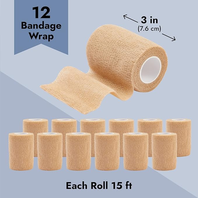 12-Rolls Self Adherent Bandage Wrap, Vet Tape - 3 in x 5 Yds Breathable, Elastic Cohesive Wrap Tape for Wrist, Swelling, Sports, Tattoo (Tan)-PurrikoPets