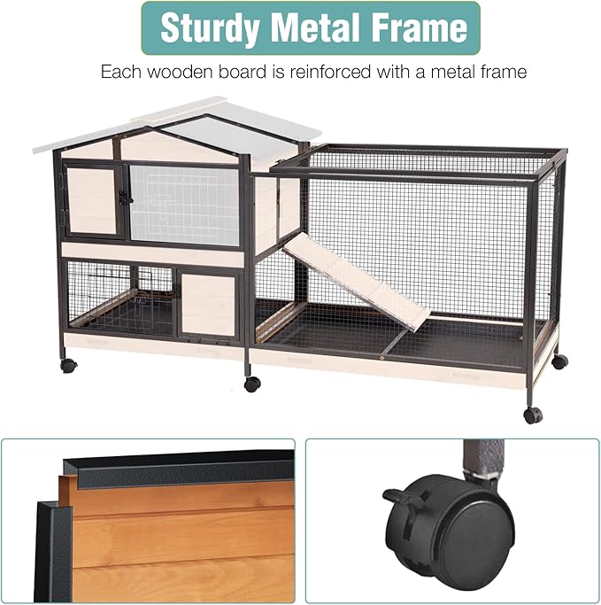 2-Story Rabbit Cage with Chew-Proof Metal Frame for Indoor/Outdoor - 62" Bunny Hutch Guinea Pig Cages with 6 Locking Wheels & 2 Removable Trays for Rabbits/Guinea Pigs-PurrikoPets