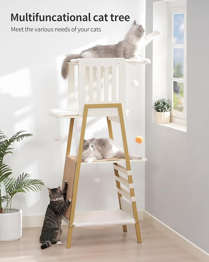 FourFurPets Modern Cat Tree, 58-Inch Cat Tower for Large Cats, Maine Coon Cat Tree with Scratching Board, Large Perch, Hammock and Removable Pads, White-PurrikoPets
