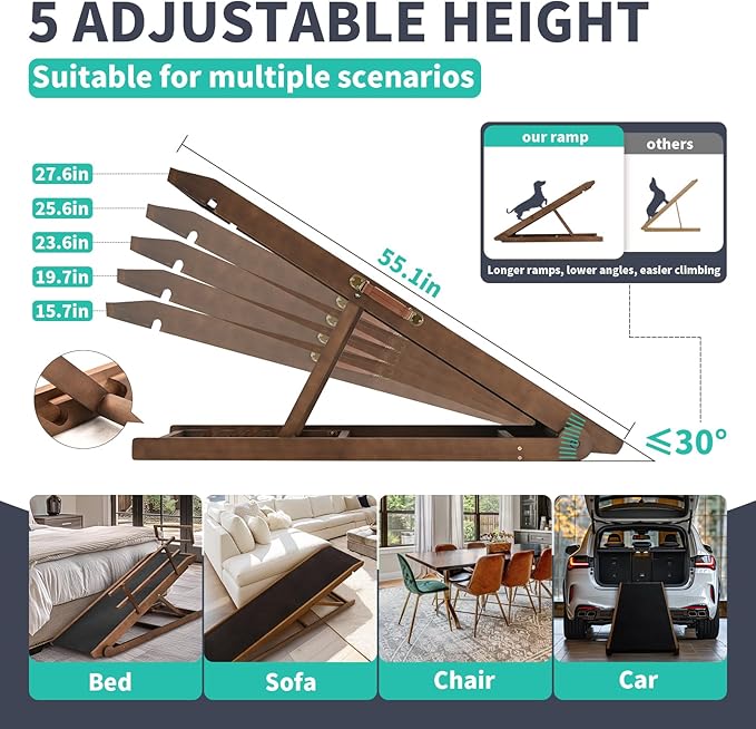 Dog Ramp, 5 Level Adjustable Height Folding Pet Ramp for High Bed, Portable Paw Ramps Large Bed Ramp for Medium & Large Old Dogs & Cats - Natural Wood Furniture Quality-PurrikoPets
