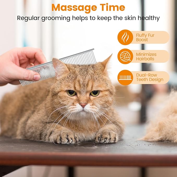 2Pcs Stainless Steel Dog Comb, Round Tooth Cat Comb with 2 Tooth Widths, Metal Combs for Removing Knots and Tangles, Grooming Tool for Long and Short Hair Pets, 7.5 IN Silver-PurrikoPets