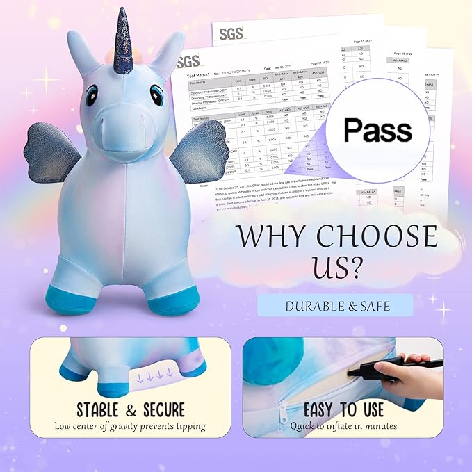 EVERICH TOY Unicorn Bouncy Horses Inflatable Plush Hopping Toy Bouncing Hopper Animals for Toddlers,Outdoor&Indoor Bouncy Animals for Toddlers,Gift for 18 Months 2 3 4 Year Old (W/Pump)-PurrikoPets