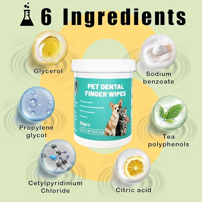 Dog Teeth Dental Finger Wipes for Dogs & Cats No-Rinse Dog Finger Toothbrush Dog Plaque & Tartar Prevention with Brushing Beads Dog Breath Freshene 50pcs-PurrikoPets