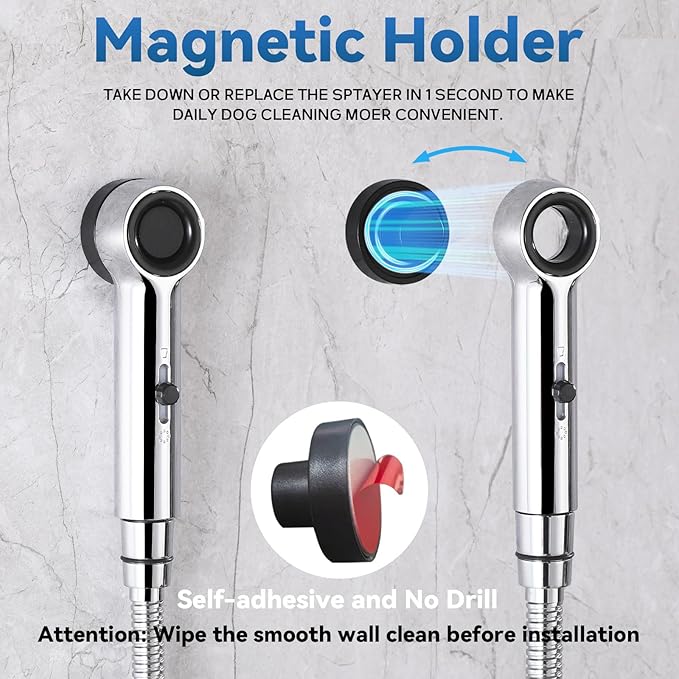 Dog Shower Attachment, 3 Mode Handheld Sprayer with ON/OFF Switch, G1/2" Metal Diverter, 100 Inches Stainless Steel Hose, No Drill Holder, for Pet and Dog Washing in Bathroom-PurrikoPets