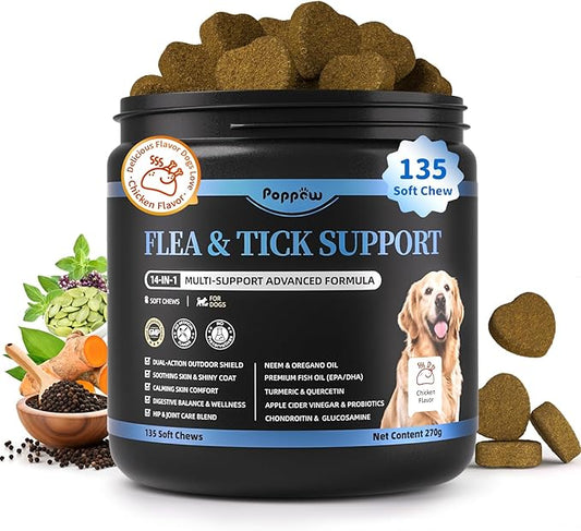 Dog Flea and Tick Support Chewable, Natural Dog Flea Comfort Supplement, Oral Chews with Neem, Oregano Oil, Pumpkin Seed Oil & Brewer's Yeast – 135 Soft Chews, Chicken Flavor – for All Breeds & Sizes-PurrikoPets