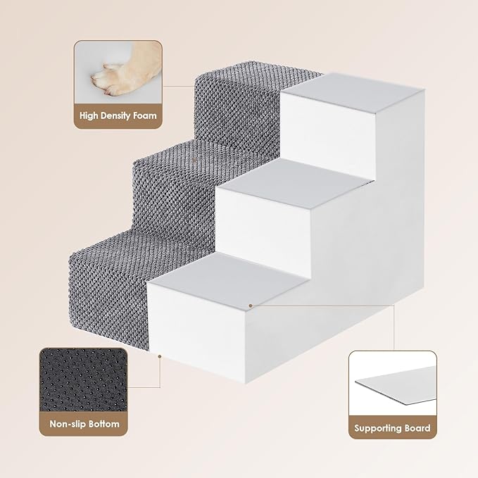 EHEYCIGA Dog Stairs for Small Dogs 13.5" H, 3-Step Dog Steps for Couch Sofa and Chair, Pet Steps for Medium Cats, Non-Slip Balanced Pet Ramp Indoor, Grey-PurrikoPets