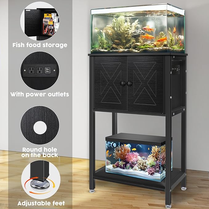 5-10 Gallon Fish Tank Stand, Heavy Duty Aquarium Stand with Cabinet & Power Outlets for Fish Tank Accessories Storage, Double Tank Stand 20.5" L* 11" W Tabletop, 220LBS Capacity Black-PurrikoPets