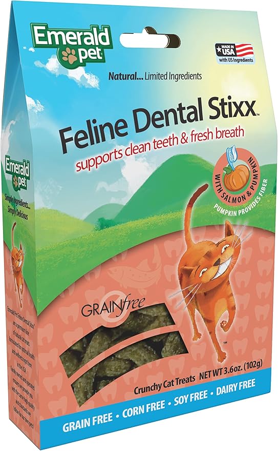 Emerald Pet Feline Dental Stixx — Tasty and Crunchy Cat Dental Sticks with Pumpkin for Digestive Health — Natural Grain Free Dental Treats for Clean Cat Teeth and Fresh Breath — Salmon Stixx, 3.6 oz-PurrikoPets