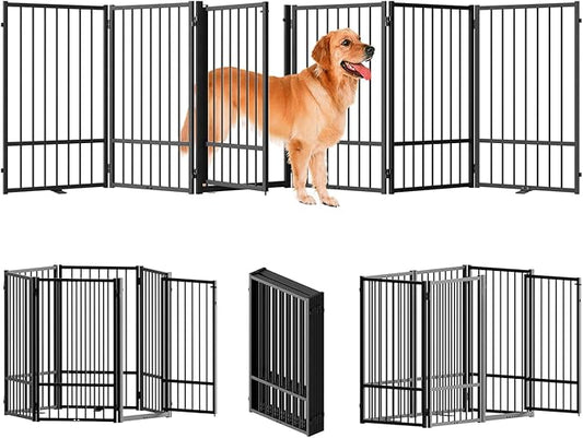 Full Metal Freestanding Dog Gate with Door, 36''Height Foldable Pet Dog Fence for Indoor & Outdoor, 6 Panels Extra Wide Free Standing TallDog Gates for Doorways,House,Stairs,Porch,Deck,Yard-PurrikoPets