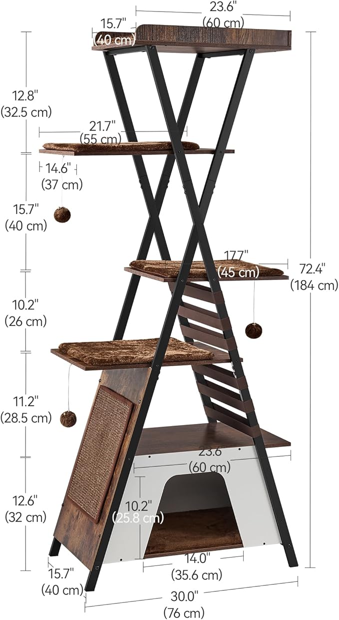 FourFurPets 72.4" Modern Cat Tower for Indoor Cats - Multi-Level Condo With Caves, Tall Tree With Scratching Board, Wooden Tower With Large Perch, Removable Pads, Rustic Brown-PurrikoPets