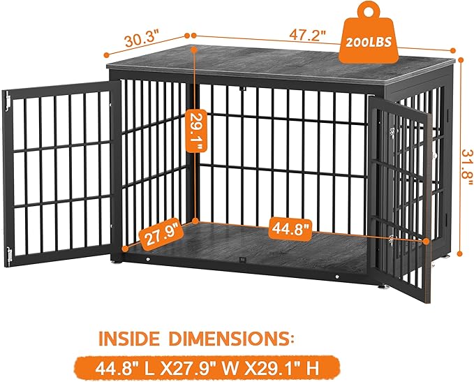 48 Inch Heavy Duty Dog Crate Furniture for Large Dogs, Decorative Pet House End Table, Extra Large Wooden Cage Kennel Furniture Indoor, Black and Gray-PurrikoPets