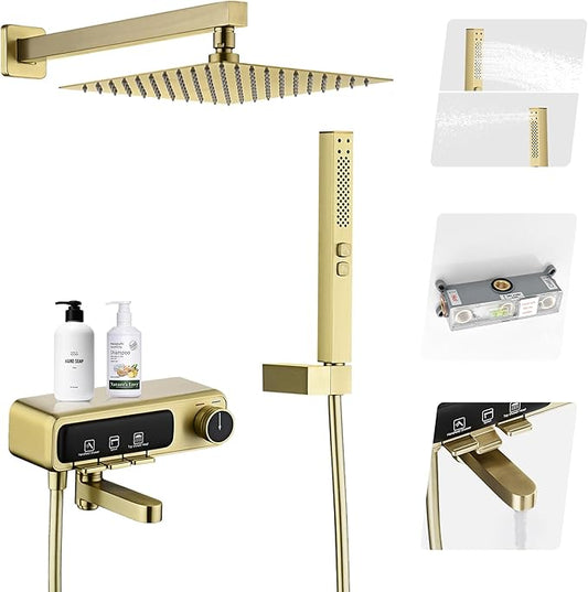 10" Square Rainfall Bathtub and Shower Trim Systems with Rotating Handheld Sprayer, Foldable Tub Spout, Wall-Mounted, Solid Brass Valve with Shampoo Platform- Brushed Gold (Square, Brushed Gold)-PurrikoPets