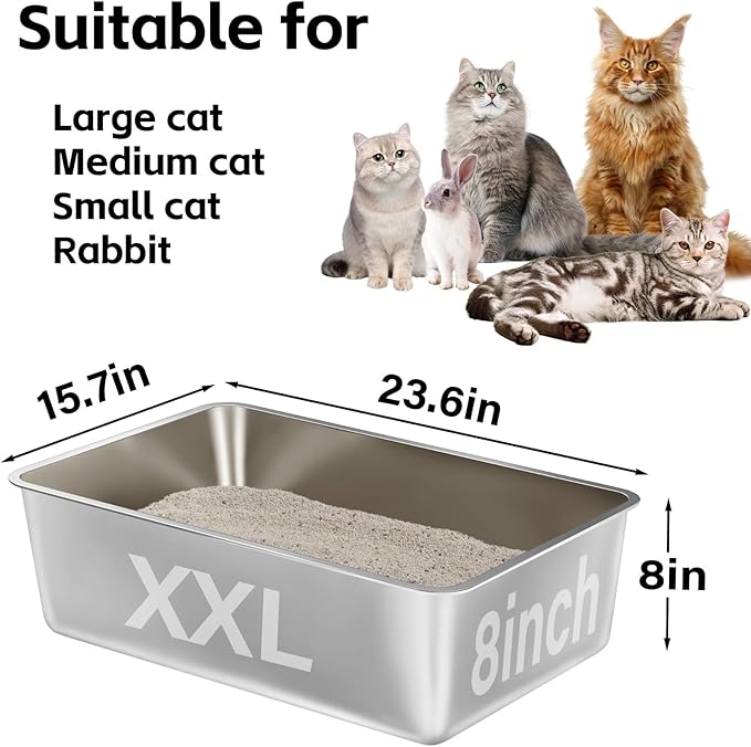2 Pack Stainless Steel Litter Box-XXL Metal Litter Box for Big Cats 8IN Deep, Cat LitterBox-Pet Toilet Easy to Clean,High Sided Cat Litters Boxes Adult Cats,Non Stick, No Smell-PurrikoPets
