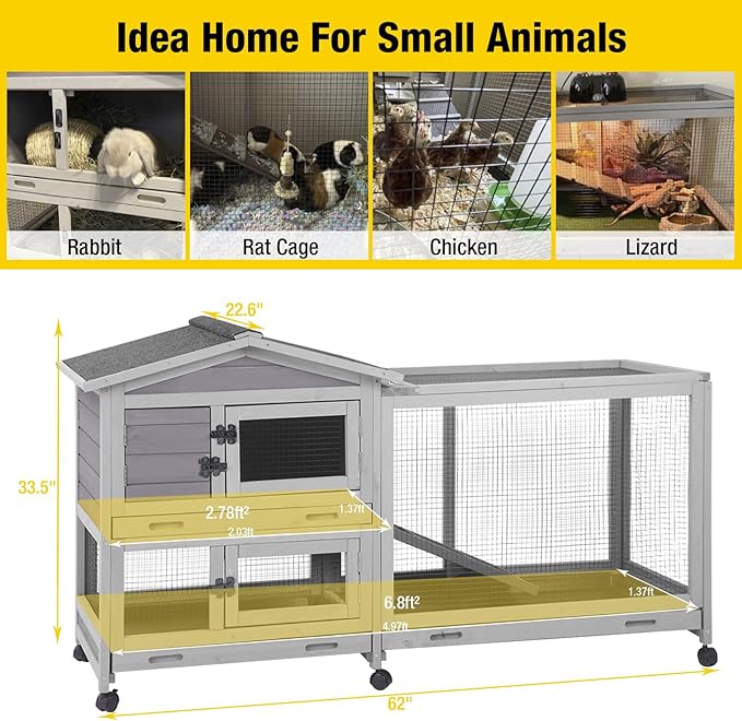 Aivituvin Rabbit Hutch Outdoor Indoor Rabbit Cage Chikcen Coop with Casters Guinea Pig Cage with 3 Deep No Leakage Pull Out Tray,Waterproof Roof-PurrikoPets