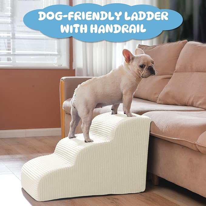 Dog Stairs & Steps for High Beds, 2 Steps High Density Foam Waterproof Dog Ramp for Small Dogs and Cats, Pet Stairs with Washable Cover for Bed, Couch, Sofa and Car, Beige (H: 11.8")-PurrikoPets