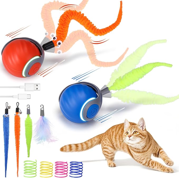 AIERSA 2Pcs Interactive Automatic Cat Toys for Bored Indoor Adult Cats,Self Play Speed Tail Toy with 3 Tails and 4 Springs-PurrikoPets