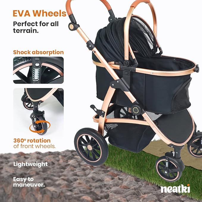 3 in 1 Pet Stroller - Stroller for Small to Medium Dogs and Cats up to 55 lbs, with Detachable Carrier/Car Seat, Foldable and Lightweight, Detachable Cushion + Cup Holder (Black/Gold)-PurrikoPets