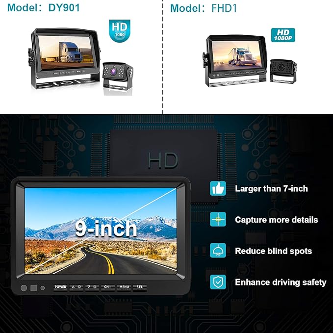 Fookoo Ⅱ HD Backup Camera System Kit, 9" 1080P Reversing Monitor+IP69 Waterproof Rear View Camera, Sharp CCD Chip, 100% Not Wash Up, Truck/Semi Trailer/Box Truck/RV (DY901-Wired)-PurrikoPets