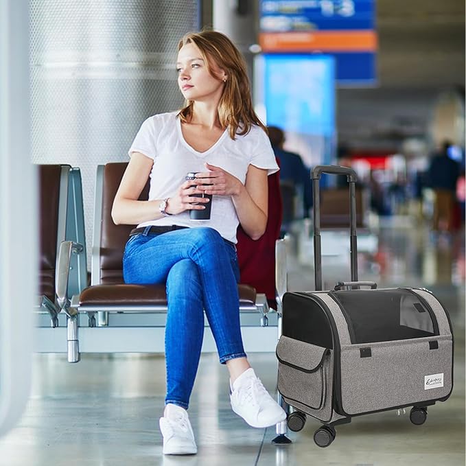 Dog Travel Bag with Removable Rolling Wheels, Airline Approved Pet Carrier, Foldable Cat Bag with Breathable Mesh, Pet Stroller(Grey)-PurrikoPets