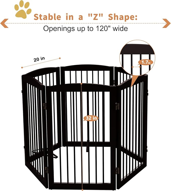 Freestanding Pet Gate for Dogs, Indoor Wooden Foldable Dog Gate for House, Extra Wide, Pet Fence for Stairs, Doorways, Halls, Support Feet Included, 120 Inch Wide, 6 Panels 32",Brown-PurrikoPets