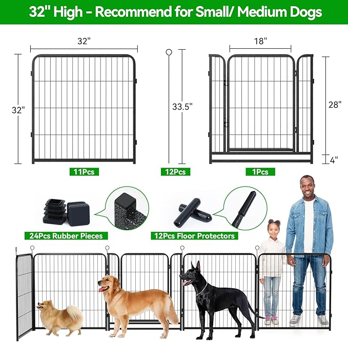 Dog Playpen Outdoor Extra Wide 12 Panels Heavy Duty Dog Fence 32" Height Anti-Rust with Doors Portable for RV Camping Yard, Total 32FT, 79 Sq.ft, Snowy Black-PurrikoPets