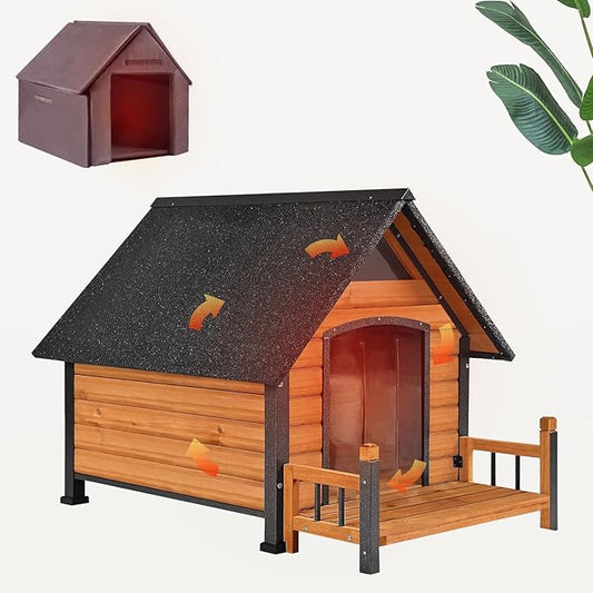Dog House with Insulated Liner Outdoor Indoor All-Around Iron Frame Design Dog House with Porch＆Raised Feet for Small Medium Large Dogs（Brown）-PurrikoPets