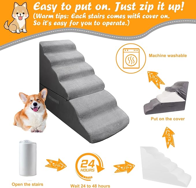 Dog Stairs&Steps for 30 Inches High Bed Up to 30-36 Inch Tall, Pet Cat Ramp Ladder for Small Dogs, Doggie, Old Cats, Kitty, Small Animals Grey-PurrikoPets