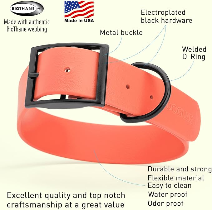 Dogline Biothane Waterproof Dog Collar Strong Coated Nylon Webbing with Black Hardware Odor- Proof for Easy Care Easy to Clean High Performance Fits Small Medium or Large Dogs, Coral-PurrikoPets