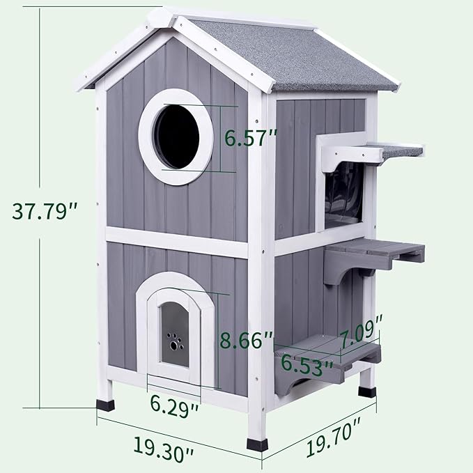 GEGURI Outdoor Cat House Weatherproof, Wooden Two-Story Feral Cat Shelter with Openable Roof, Escape Door, Balcony-PurrikoPets