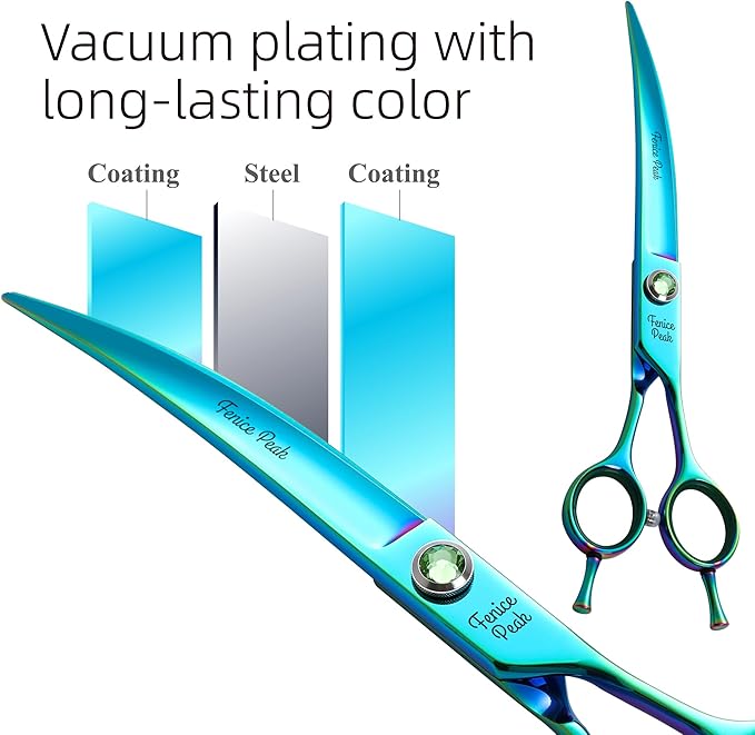 Fenice Peak 7.5'' Green Curved Dog Grooming Scissors Pet Shears with Ergonomic Offest Handle and Simulated Emerald Screw 440C Grooming Scissors Trimming Shears Durable and Sharp-PurrikoPets