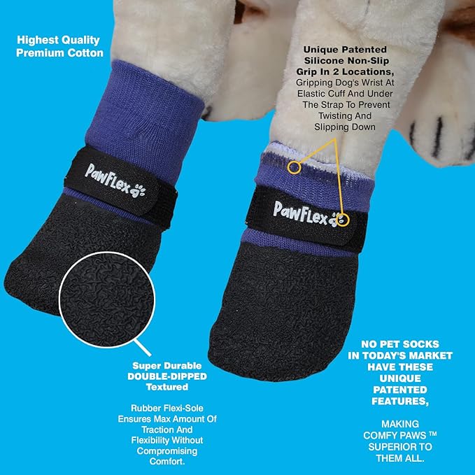 Double Dipped Thick Textured Waterproof Cotton Dog Socks | PawFlex Comfy Pawz Soft Indoor/Outdoor Pet Booties | Non-Slip Silicone Grip at Inner Wrist for No Twisting or Sliding Off| Adjustable Strap-PurrikoPets