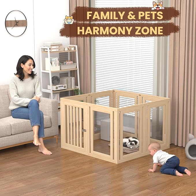8 Panels Dog Playpen with Door, 23.6" H Pet Playpen Indoor, Clear Acrylic Puppy Playpens, Wooden Puppy Fence with Gate, Transparent Dog Pens, Pet Pen Indoor for Dogs, Cats, Rabbit, Small and Medium-PurrikoPets