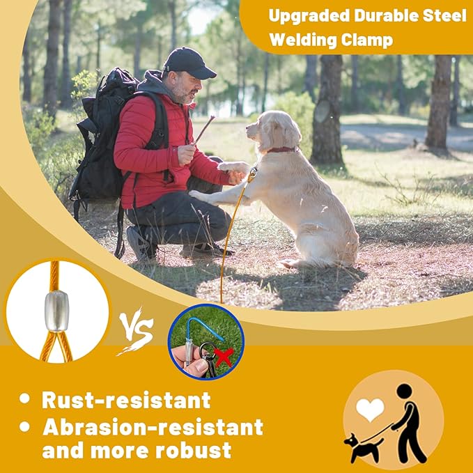 Dog Tie Out Cable 10/15/20/25/30 FT Runner for Yard Steel Wire Cable with Durable Superior Clips Yellow Chains for Outside Dog Lead for Large Up to 165 Lbs-PurrikoPets