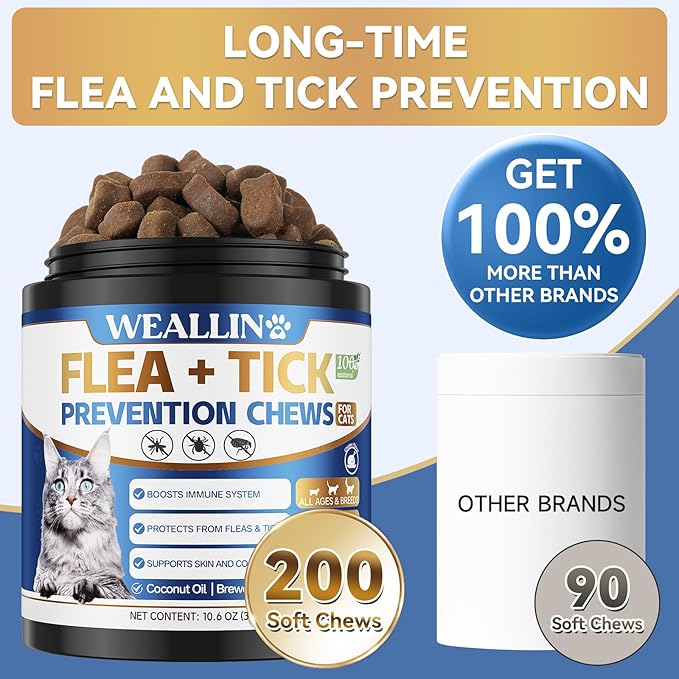 Flea and Tick Prevention for Cats, 200 Soft Chews for Fleas Treatment for Cats, Natural Cat Oral Flea Chewables Support Supplement, Flea and Tick Chews for All Breeds & Sizes-PurrikoPets