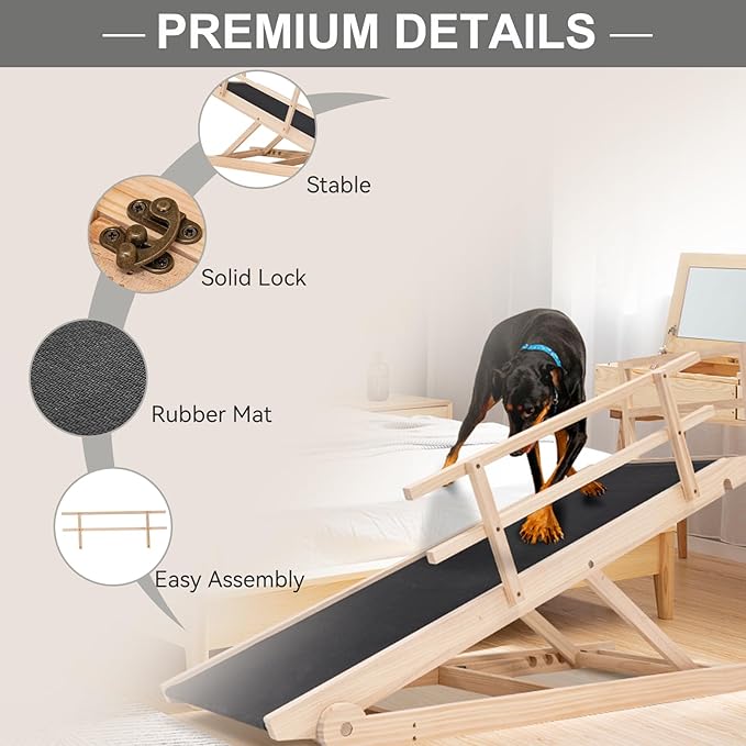 ABORON Folding Wooden Extra Long Dog Ramp, Non-Slip Rubber Mat, 63" Long for High Bed/Couch/Car, 5 Levels Adjustable Pet Ramp, 17.7'' Wide, Supports Small & Large Senior Dogs & Cats up to 200 lbs-PurrikoPets