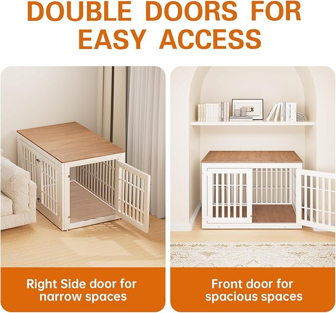 48" Heavy Duty Dog Crate Furniture for Small,Medium and Large Dogs,Rustic Wooden Dog Cage Kennel Indoor Furniture with Waterproof Top,Decorative Pet House Side End Table (White & Wood)-PurrikoPets